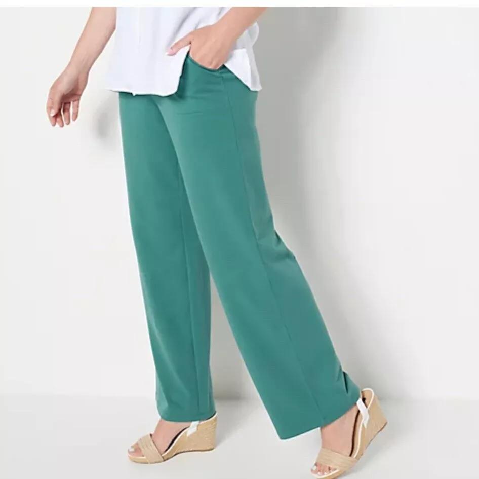 Denim Co. Active French Terry Pull On Wide Leg Pants Deep Pine