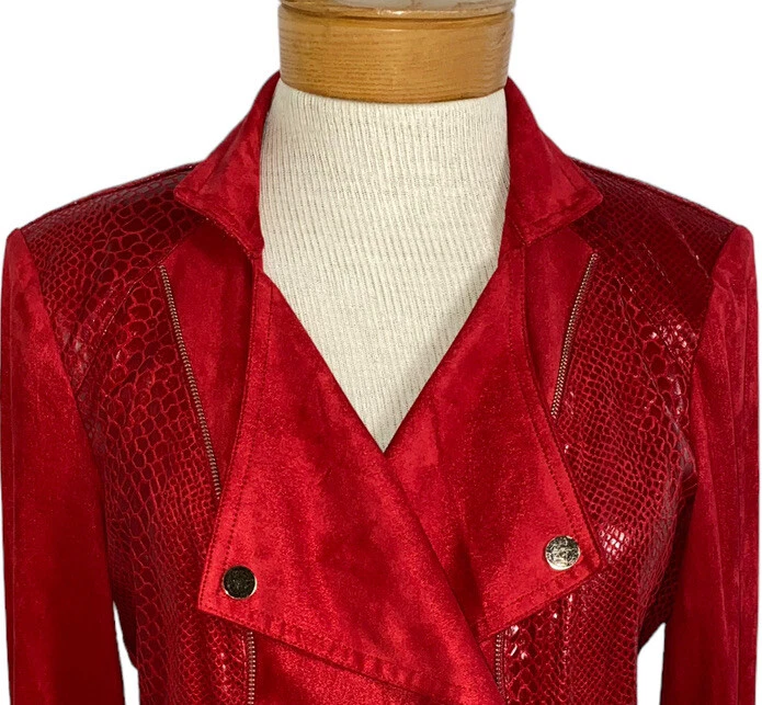 Chaqueta THALIAN Talla 4 Cremallera Acento Piel de Serpiente Ultra Gamuza Roja Años 80 Glam Rock, Motociclista Foto 3 de 4