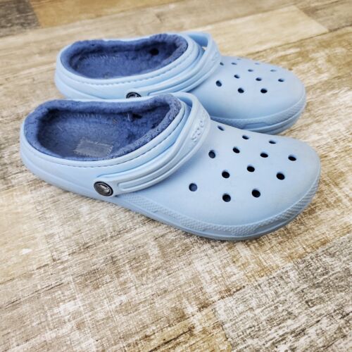 Crocs Classic Lined Kids Clogs Sz 6 J6 Blue Calcite Fuzzy Round Toe Slip-On Shoe