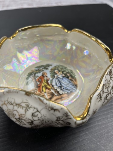 Vintage Schmuck Süßigkeiten Servierschale mit Kolonialpaar 24k Rand 5-seitig - Bild 2 von 7