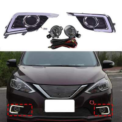 Front LED Daytime Running Lights Halogen Fog Lamps For Nissan Sentra 2016-2019
