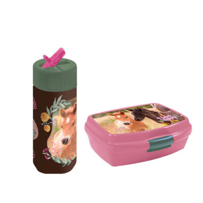 Pferde Horse Trinkflasche Brotdose Lunchbox  Frühstück Lunchset 2 teilig Kita