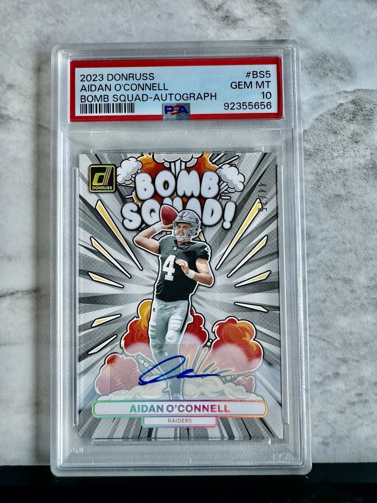 2023  Donruss Aidan O’Connell Bomb Squad Auto PSA 10 Gem Mint /75 (No. BS5)