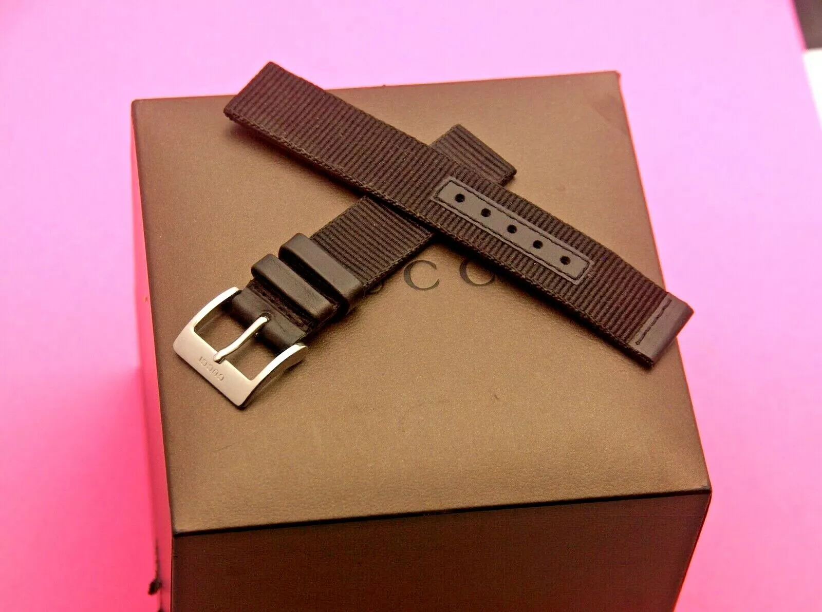 New Gucci 16 MM Military Style Leather Band   Black   Long   (16.114)