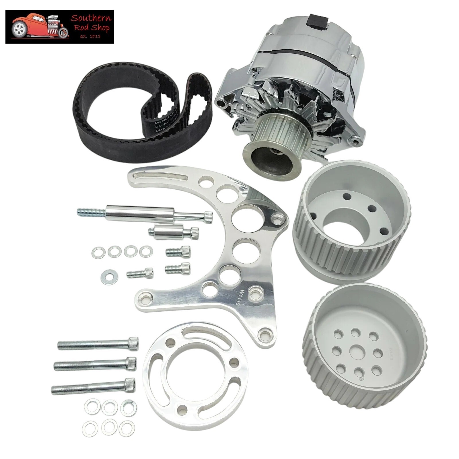 Small Block Chevy Gilmer Drive Aluminum Alternator Bracket & Pulleys