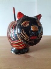 Russian Vintage FolkArt Folk Art Wooden Cat Handpainted in Red Black Gold