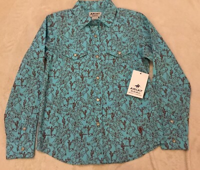 Ariat R.E.A.L Bucking Bronco Print Long Sleeve Snap Western Shirt Girl s Lg NWT