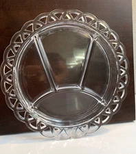 Vtg Clear Glass 10.5" Crocheted 4 Part Relish Dish Hors D'oeuvre Imperial Tray