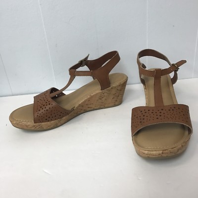 thom mcan Sandals Wedges Women Size 11M Tan Leather Ankle Strap Buckle