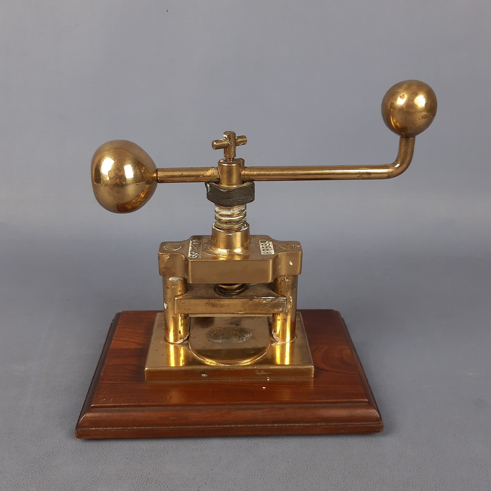 Antique Brass Weighing Scale Schaefer Press On Wooden Base Vintage 60s