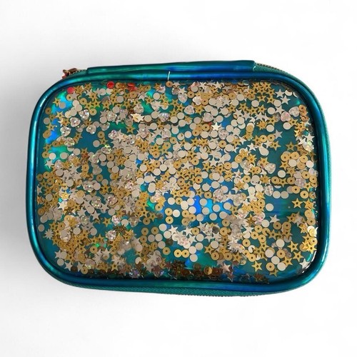 Blue Gold Sequin Plastic Makeup Bag with Zipper Closure