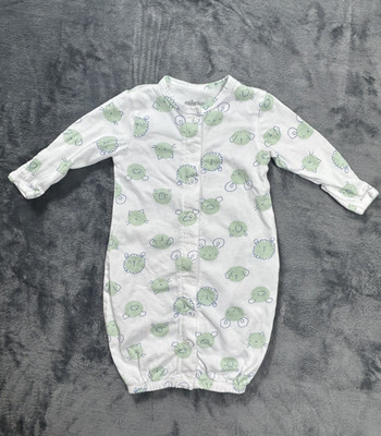 Mighty Goods Preemie Sleep Gown Green White Animals 100% Cotton Mitten Cuffs