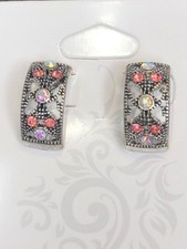 Vtg 90s Half Hoop Silver Tone Pink Rhinestone Clip On Earrings Prom Wedding