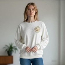 Lucie Ann Vintage White Terry Cloth Sun Patch Sweatshirt Small Made in USA