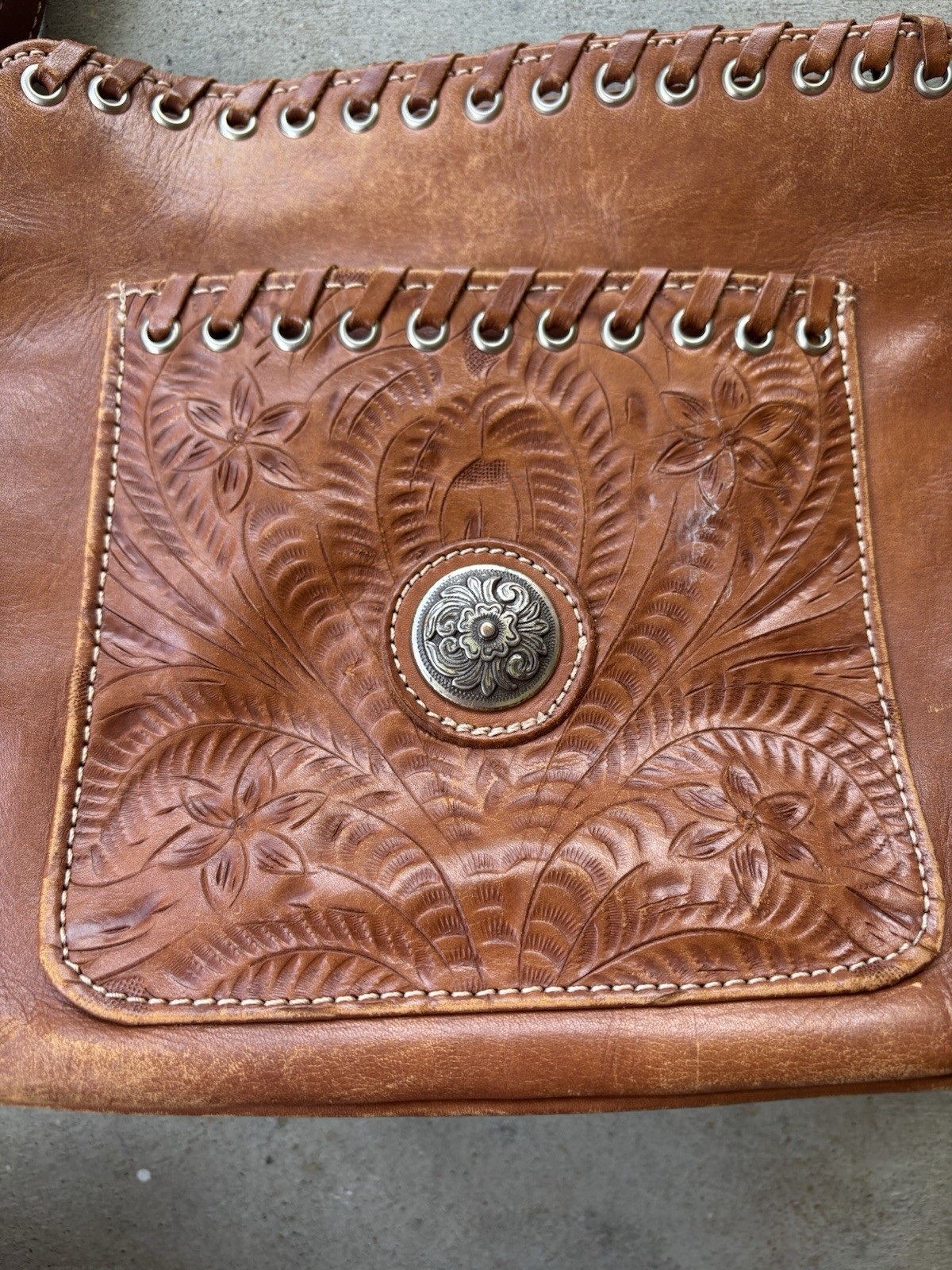 VTG American West Hand-Tooled Brown Leather Zip-Top Hand Shoulder Bag Purse image 4