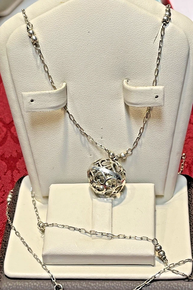 Vtg Sterling Silver 925 Italy Jingle Sphere OpenArt Pendant Necklace & Cable Ch - Image 2 of 4