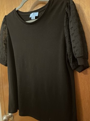 CeCe Black Short Puff Sheer Eyelet Sleeve Top Size M Nice Hanging Fit