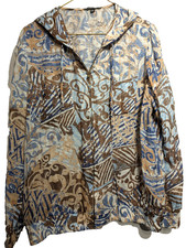 Cynthia Max Jacket Womens XL Blue Brown Hooded Zip Linen Rayon Boho Pockets USA
