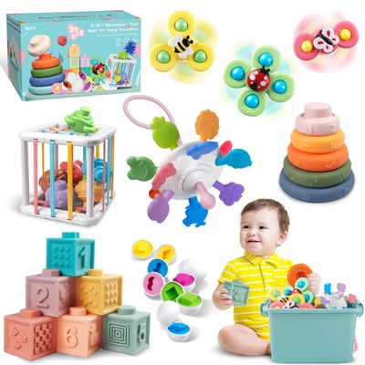 Baby Toys for 6-12 Months, Montessori Sensory Bins, 6-in-1 Stacking Blocks