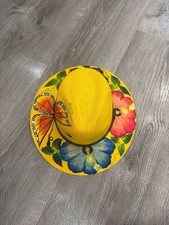 Artisan Hand Painted Yellow Straw Fedora Hat Butterfly & Hibiscus Flowers