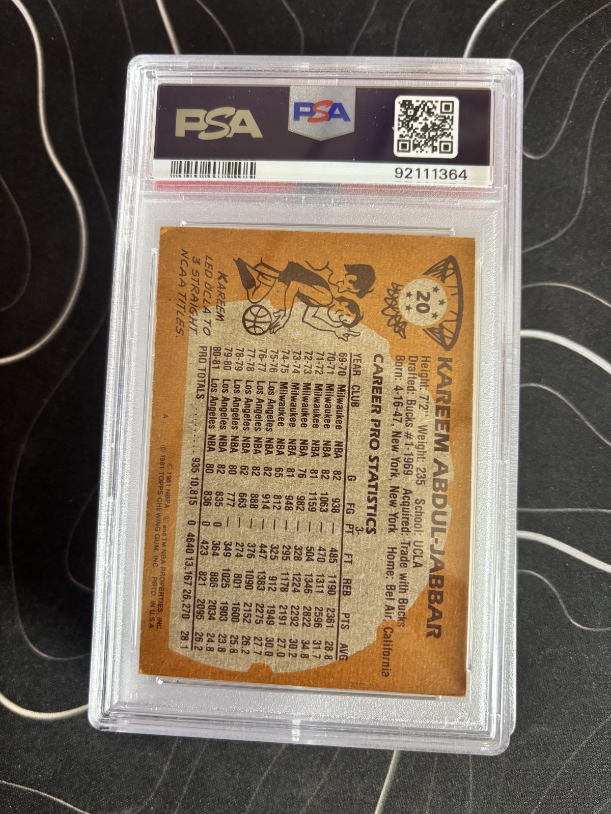 1981 Topps - Kareem Abdul-Jabbar - PSA 4 view 2