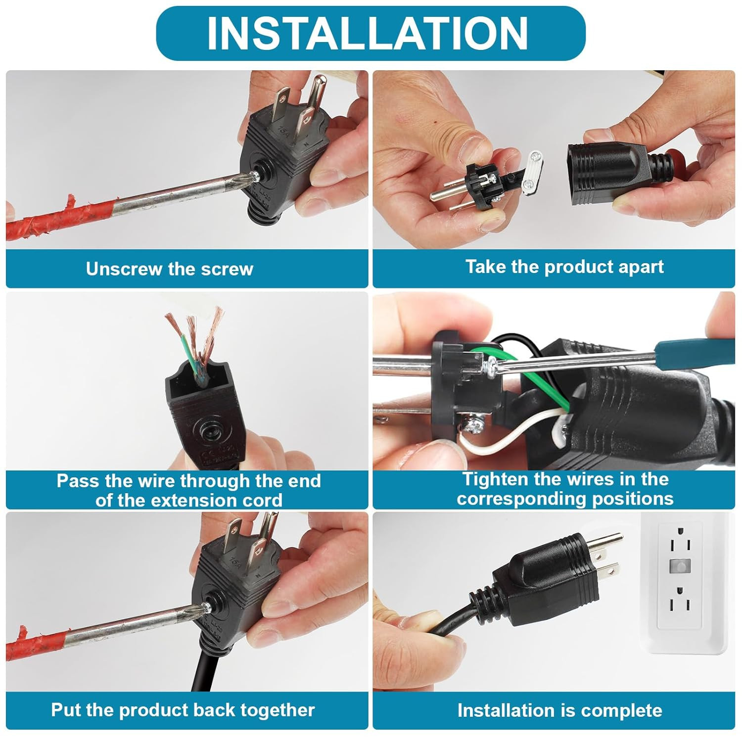 Electrical Replacement Plugs Male End Extension Cord 125V 15A 2Pole 3Wire 2 Pole