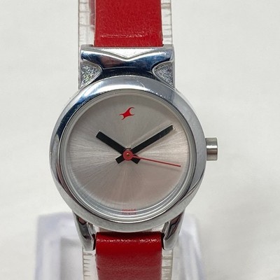 Fastrack Watch Women 24mm Silver Tone Red Leather Band Minimal New Battery 7.5''