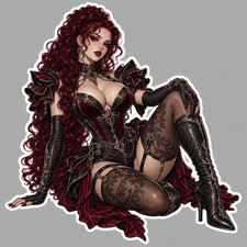Pinup Girl Sticker Vinyl Decal Gothic Vampire Red Black Corset Fantasy Anime