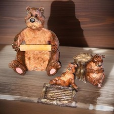 Vtg Faux Wood Country Bear Set - TP Holder, Toothbrush Holder, Soap Dish - EUC