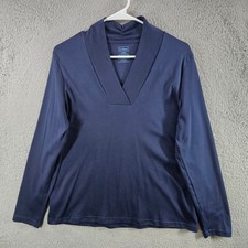 LL Bean Navy Blue Supima Cotton Shawl V-Neck Long Sleeve Top Womens Large NEW
