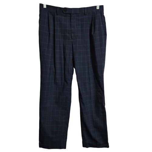 RRL, Ralph Lauren RRL Dress Pants Men 32 Navy Windowpane Plaid Pleated Cuffed Vintage