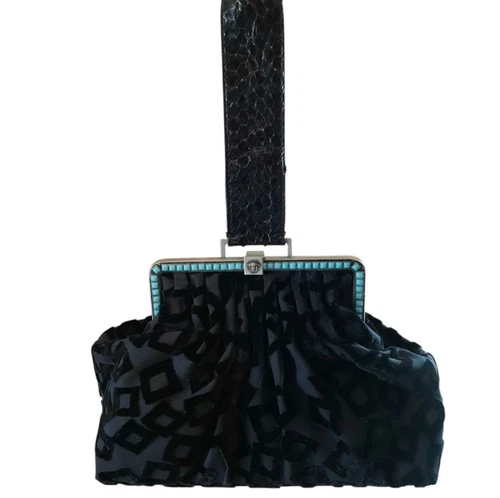Borsa VERSACE con telaio in velluto taglio nero con pietre turchesi e manico in pelle di serpente A I 1999