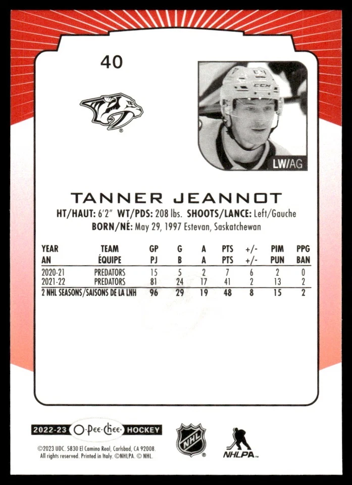 2022-23 O-Pee-Chee Red Border Tanner Jeannot Nashville Predators #40 - Image 2 of 2