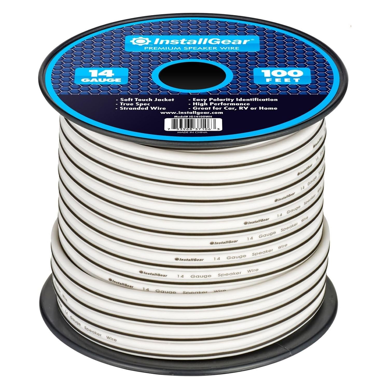 InstallGear 14 Gauge AWG 100ft Speaker Wire Cable - White (Great Use for Car