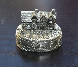 PEWTER TRINKET BOX Oval Lid Vintage Miniature Manor House EX