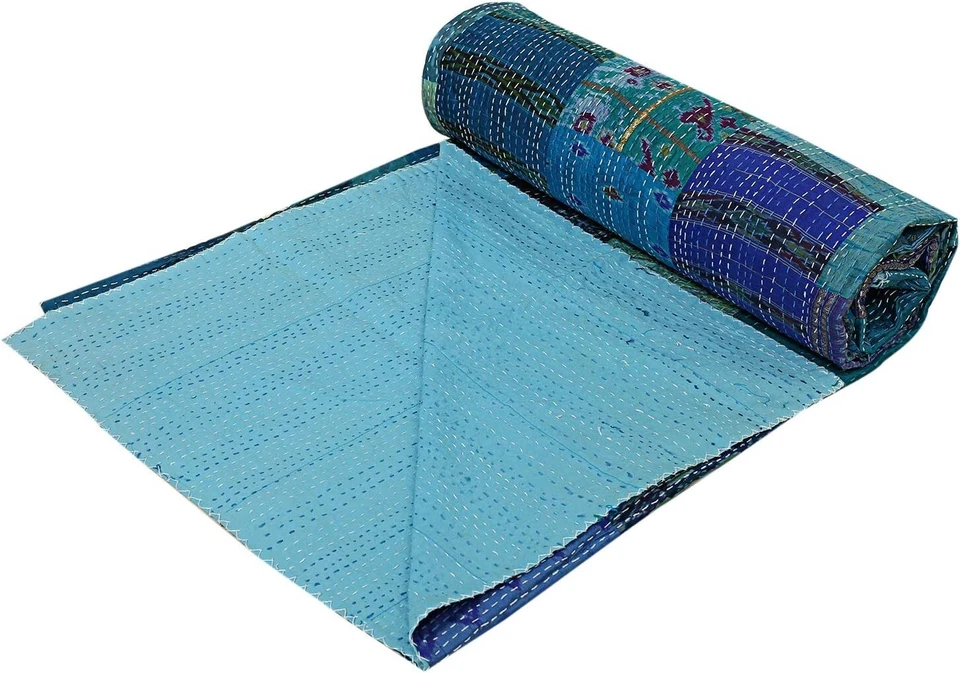 Hermoso edredón Kantha tiro indio hecho a mano ropa de cama manta colcha retazos Foto 3 de 4
