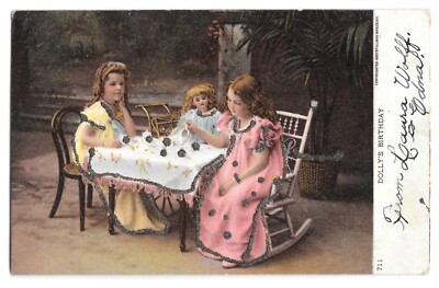 1899 DOLLY'S BIRTHDAY DOLL TEA PARTY GAME ROCKING CHAIR ULLMAN MICA Postcard P13
