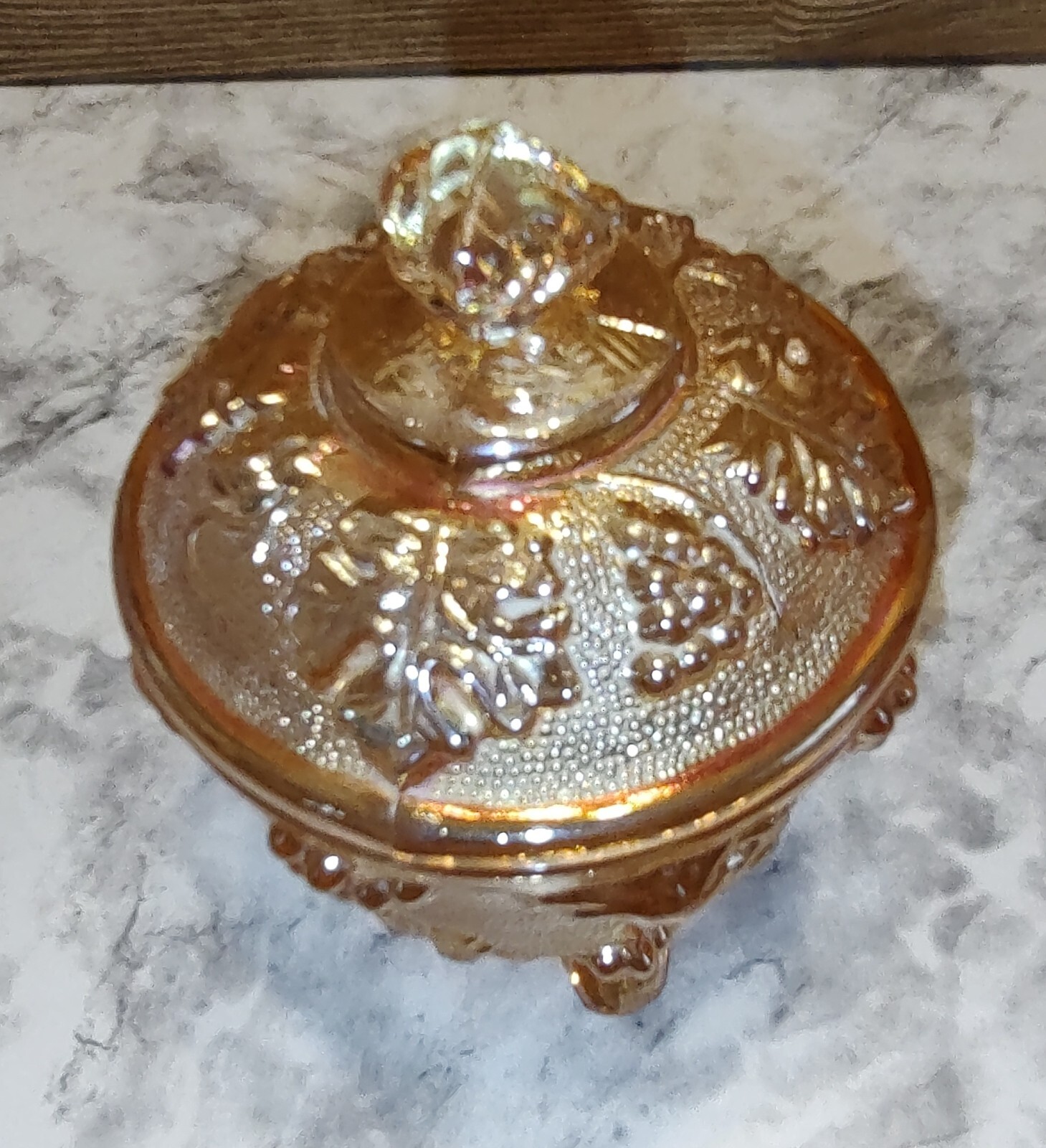 Jeannette Candy Dish With Lid Grape Vine Orange Marigold Stippled 1950s - 60s