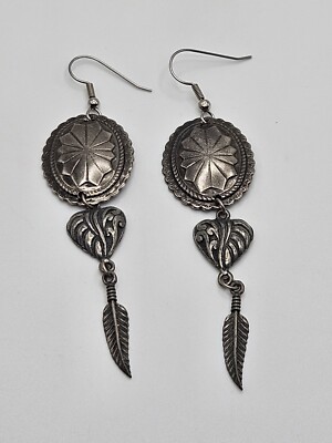 Vintage EGE Southwestern Pewter Heart Feathers Dangle Earrings 