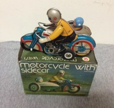 Vintage Wind-up Tin Lithograph Motorcycle With Sidecar w/Original Box