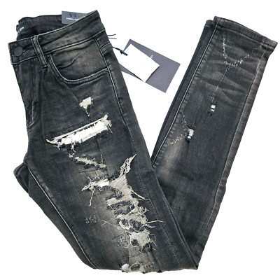 Embellish Premium Men's Black Vintage Faded Jeans Distressed Skinny Fit Denim