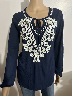INC INTERNACIONAL CONCEPTS EMBROIDERED TOP BLOUSE NAVY SMALL Women's