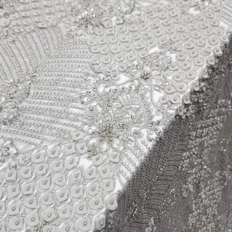 Silver Beads Lace Fabric By The Yard Embroidery 3d Chiffon Leaves Sequins Lace - Image 2 of 4