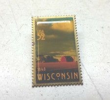 32 Cent Postage Stamp Style Wisconsin Farm Scene Vintage Travel Souvenir Pin
