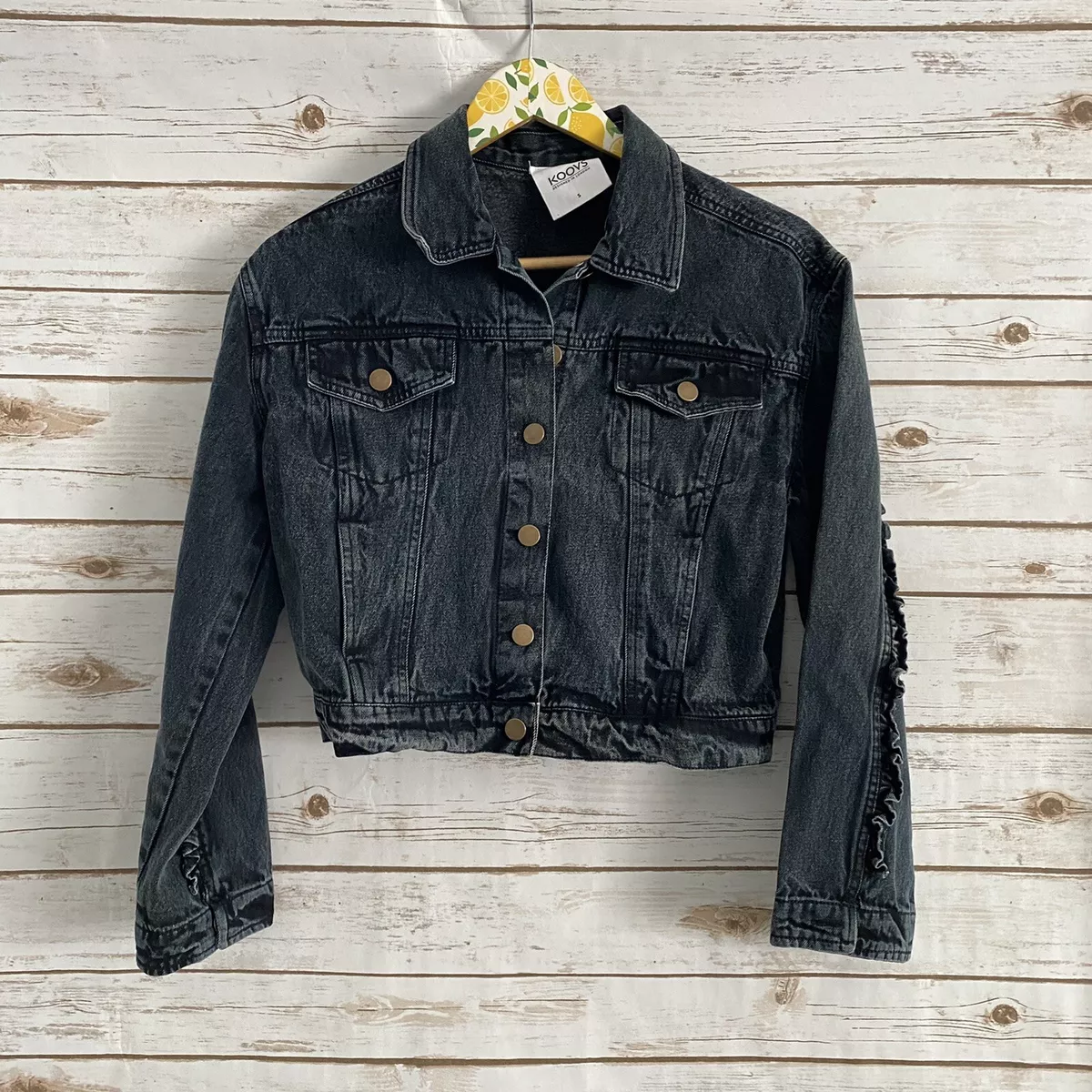 KOOVS Women's Black Acid Wash Denim Jacket Ruffle Detail Size Small | eBay