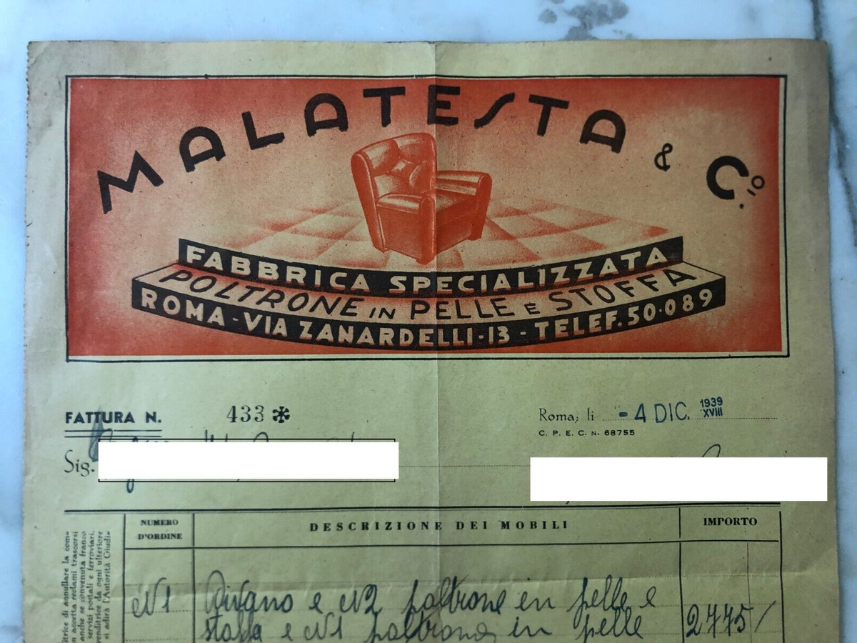 Fattura di vendita Malatesta poltrone 1939