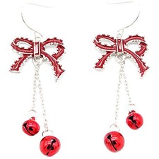 Festive Red Christmas Bow Dangle Earrings with Real Jingle Bells   Holiday Jewel