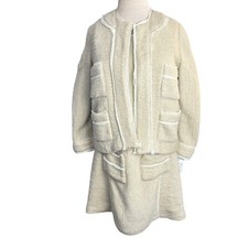ANNA SUI tweed cream knit Dress Jacket Size 8 Two Piece Set Silk Trim NEW