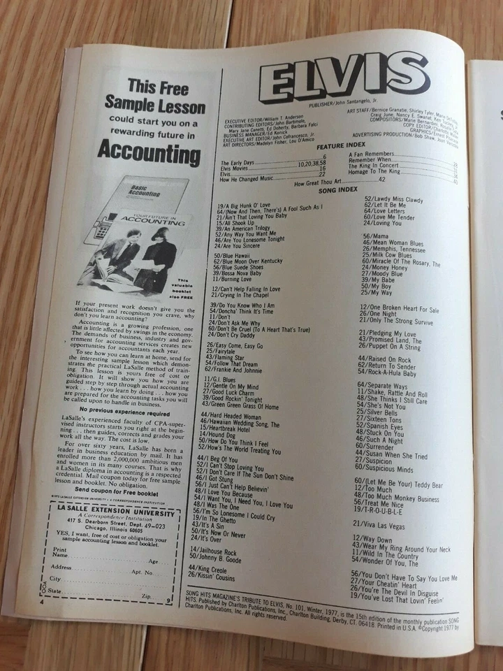 1977 SONG HITS TRIBUTE TO ELVIS magazine - USA issue Winter 1977 lyrics photos - Image 2 of 2