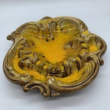 Vintage Mid Century Modern Boho California Pottery Ashtray Gold And Brown